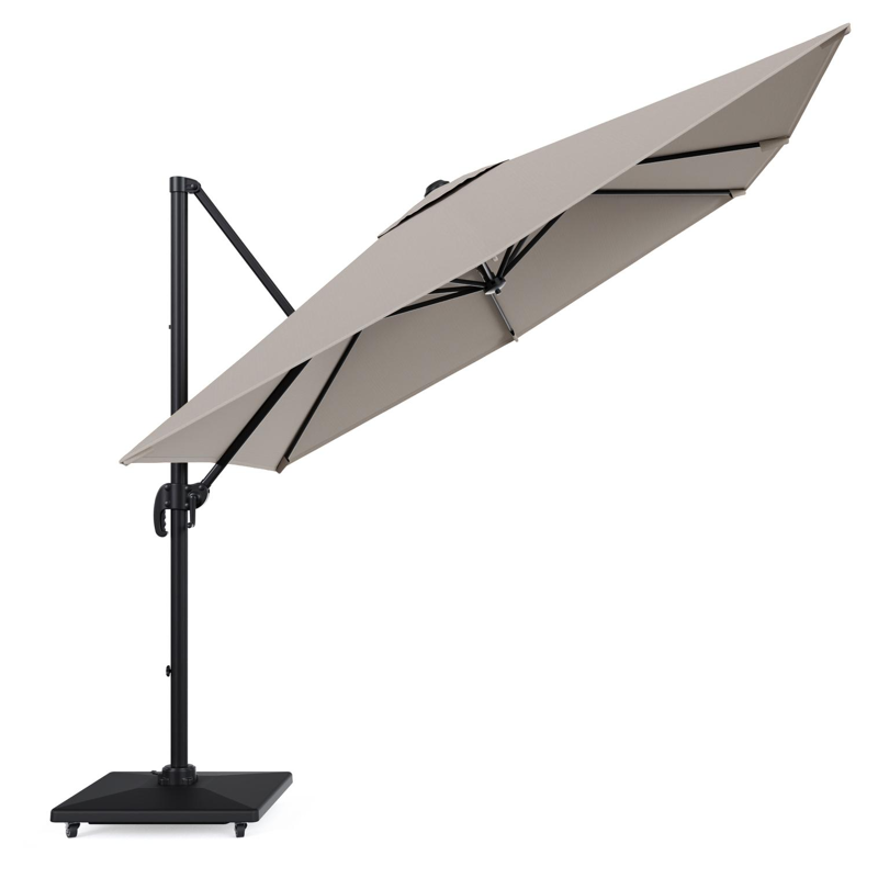 Calpe zweefparasol in zwart aluminium en beige Weather+ Softtouch parasoldoek - L1 270 x L2 270 cm met Avola parasolvoet 90 kg met wielen