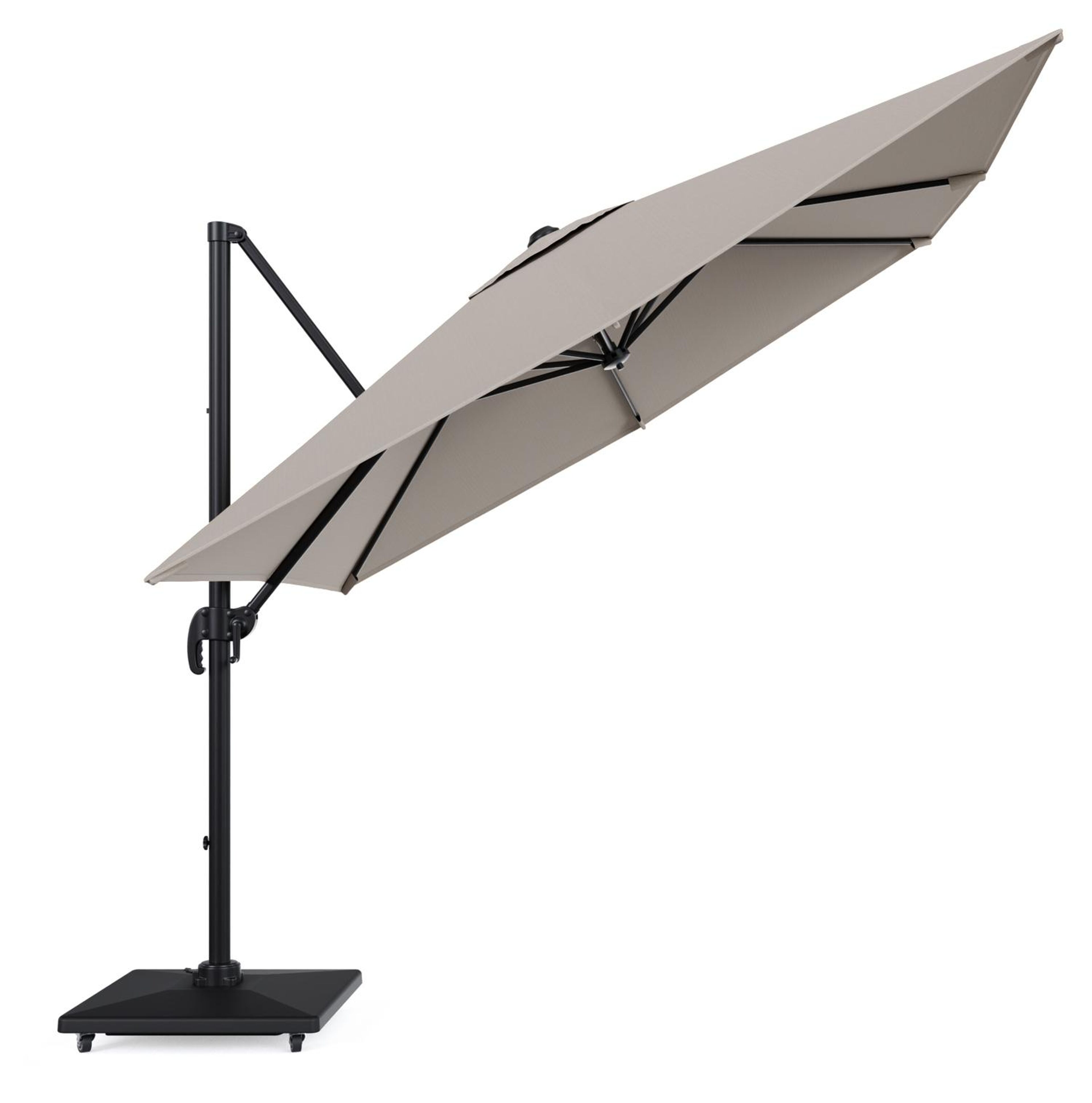 Calpe zweefparasol in zwart aluminium en beige Weather+ Softtouch parasoldoek - L1 270 x L2 270 cm met Avola parasolvoet 90 kg met wielen