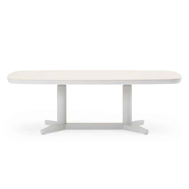 Tarsia tuinset bootvorm in wit aluminium en sintered stone Crema minerale met 6 Matera tuinstoelen