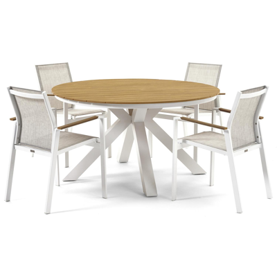 Tora tuinset in wit aluminium en naturel polywood tafelblad met 4 stapelbare Bahia tuinstoelen