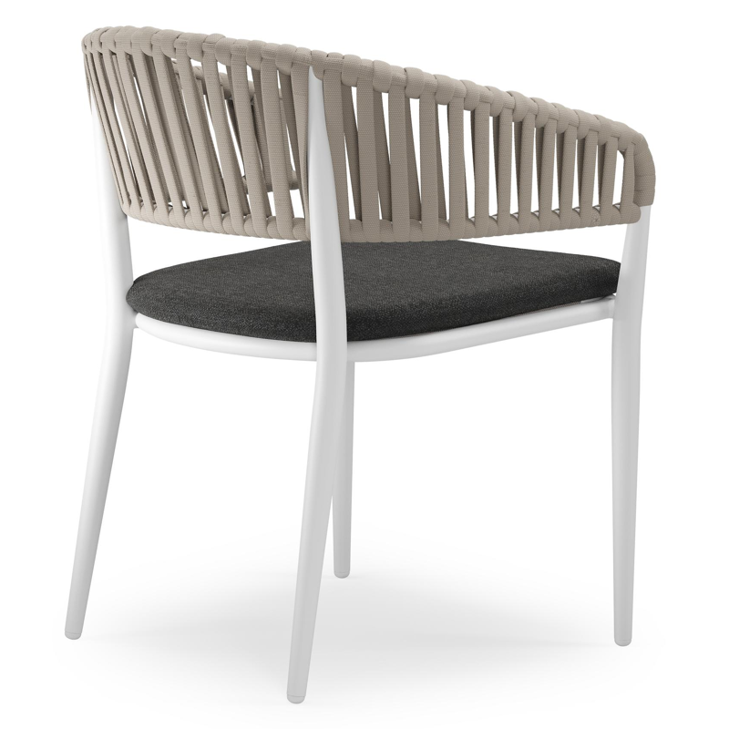 Tolfa stapelbare tuinstoel in wit aluminium en beige verticaal geweven luxe vlakke brede rope met stoelkussen in All Weather Sunbrella® Luxe Chartres Sooty