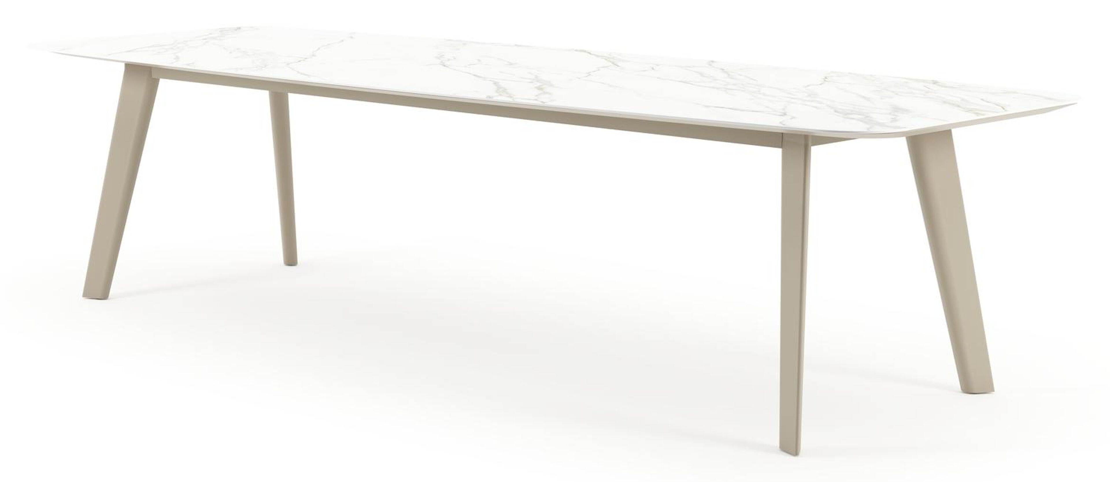 Lacrima tuintafel bootvorm in beige aluminium en volkeramiek Calacatta - L 315 x B 115 x H 73 cm