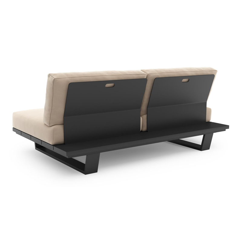 Canapé de jardin Pagino en aluminium noir et coussins en all weather sunbrella® luxe natte linen chalk