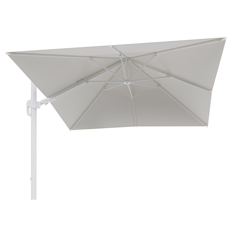 Parasol pendant Rufina avec fonction tilt en aluminium blanc et toile de parasol en All Weather Sunbrella® Luxe Natte White - Lg.1 300 x Lg.2 300 cm (sans pied de parasol