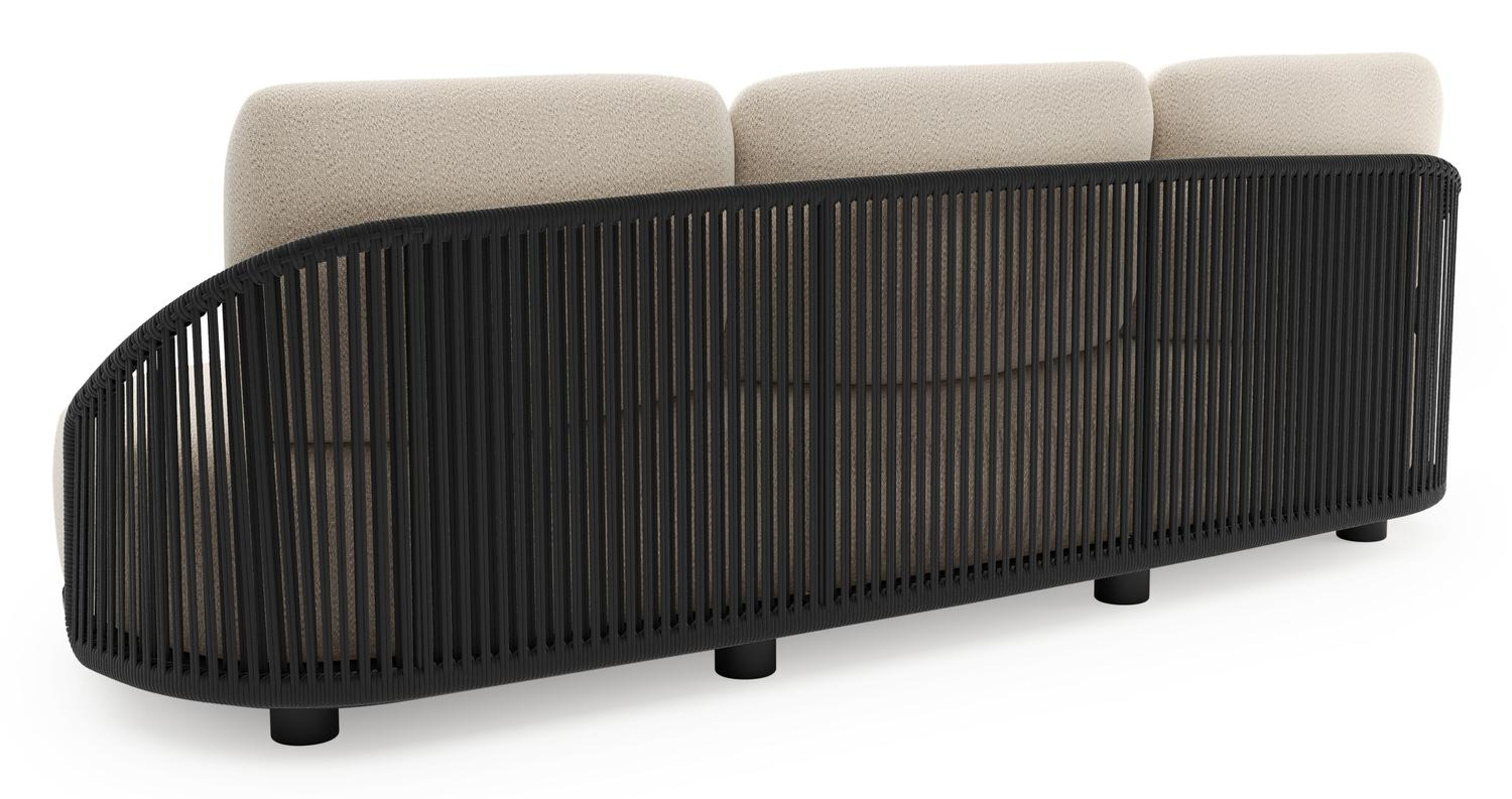 Vadelo loungebank in zwart aluminium en zwart verticaal geweven ronde rope met lopi sand all weather sunbrella® luxe kussen