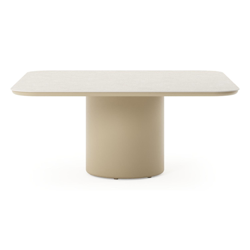 Amico low dining tuintafel afgerond vierkant in beige aluminium en volkeramiek Shilin - L 148 x B 148 x H 61 cm