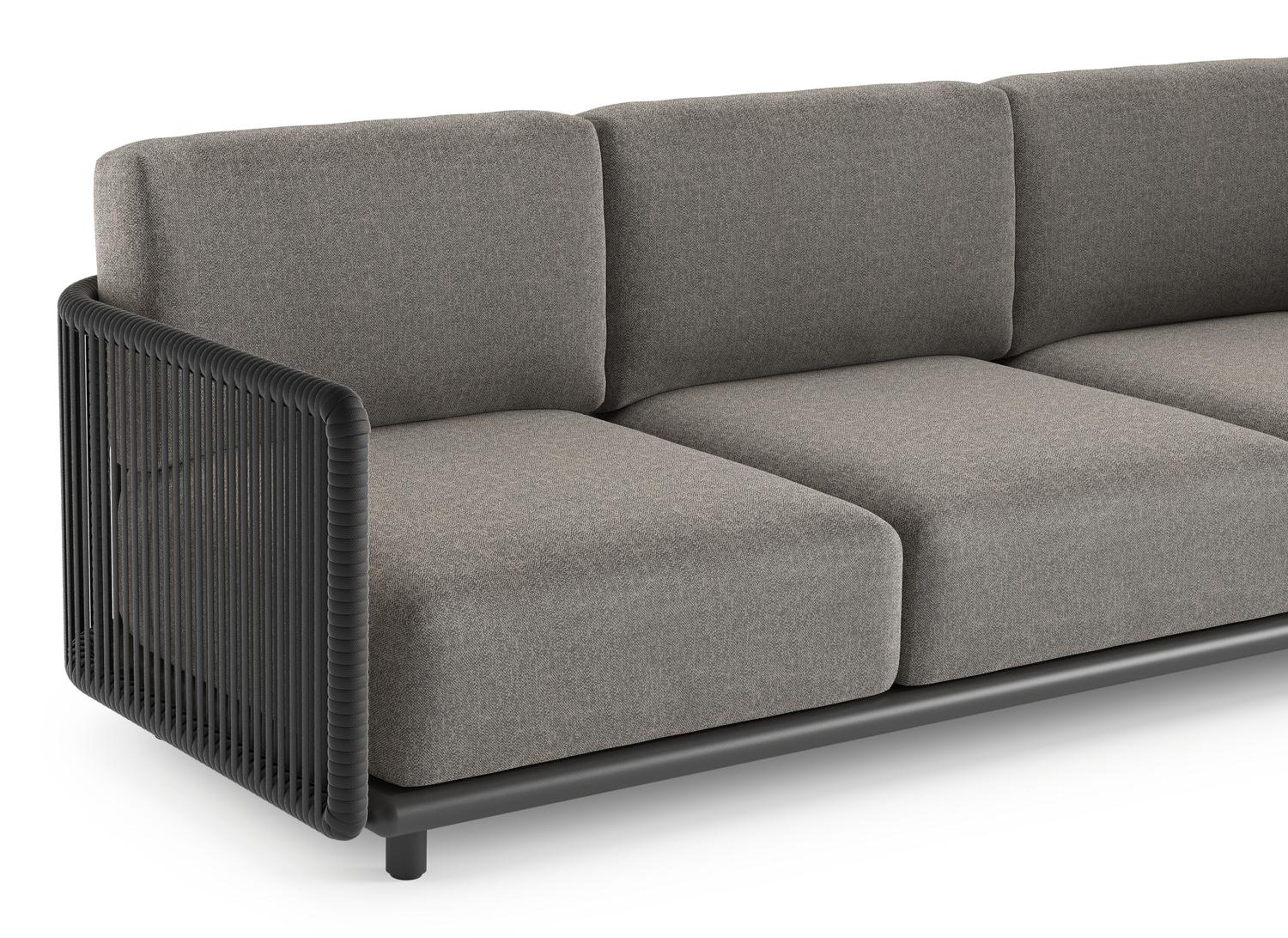 Organo loungehoek in zwart aluminium en zwart verticaal geweven luxe vlakke rope met chartres drizzle all weather Sunbrella® luxe kussen