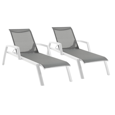 Set van 2 verstelbare Bari ligbedden in wit aluminium en grijs textilene met armleuning
