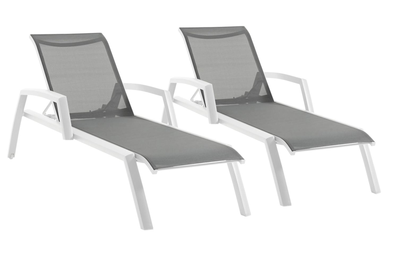 Set van 2 verstelbare Bari ligbedden in wit aluminium en grijs textileen met armleuning