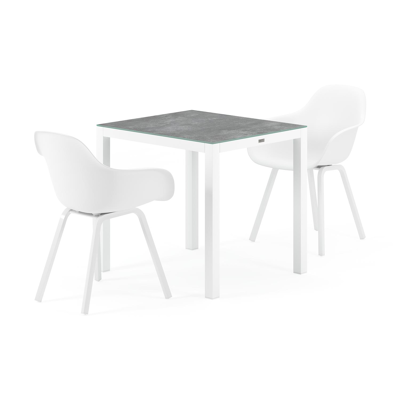 Ensemble de jardin Feltro en aluminium blanc avec plateau de table en céramique verre gris et 2 chaises de jardin Puglia