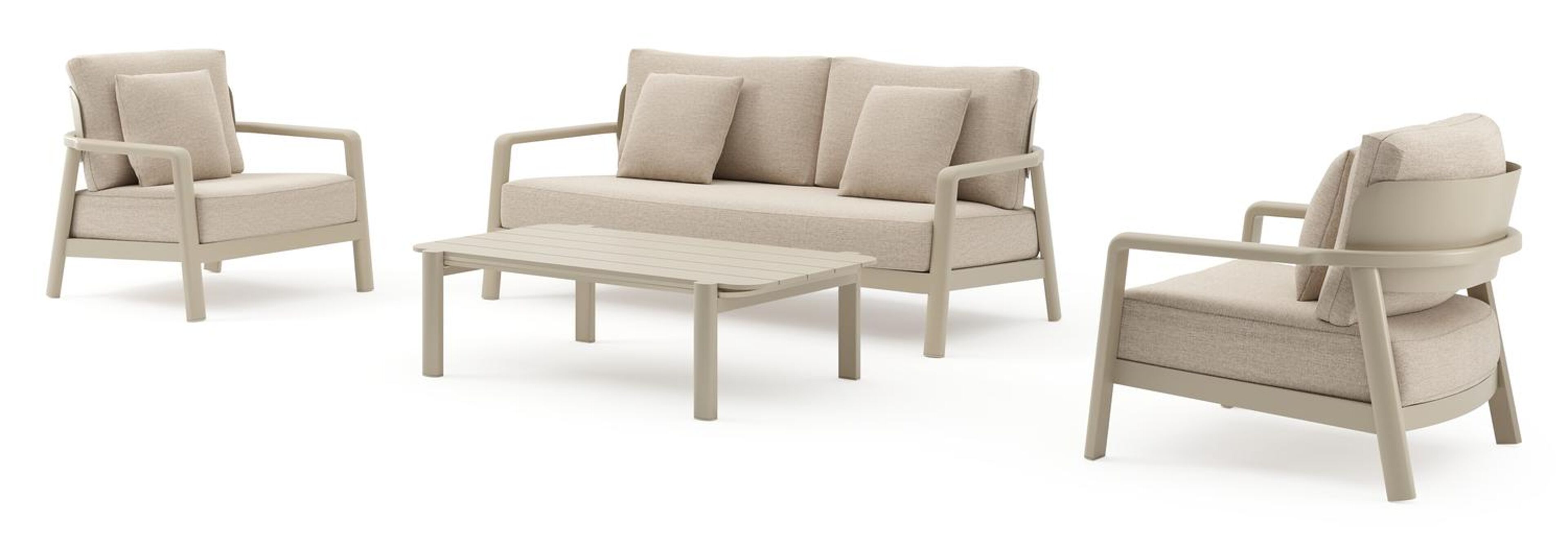 Salamanca loungebank in beige aluminium met rustic weather+ softtouch kussens en loungetafel