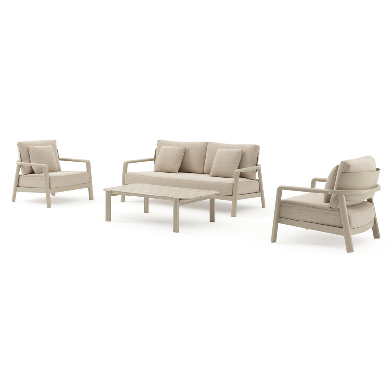 Salamanca loungebank in beige aluminium met rustic weather+ softtouch kussens en loungetafel