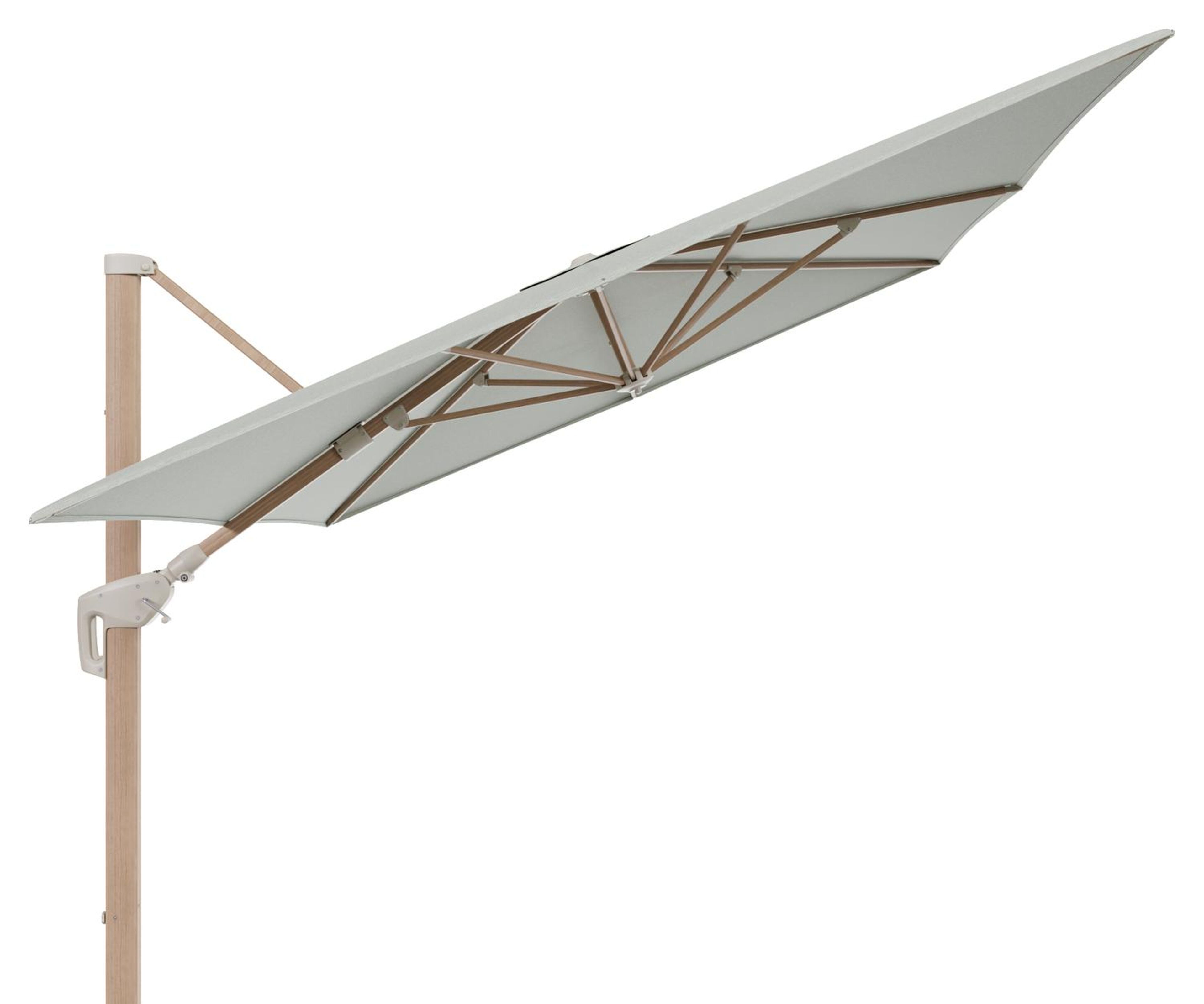 Minore zweefparasol met tiltfunctie in houtlook aluminium en Slow Spirea All Weather Sunbrella® Luxe parasoldoek - L1 400 x L2 300 cm (zonder voet)