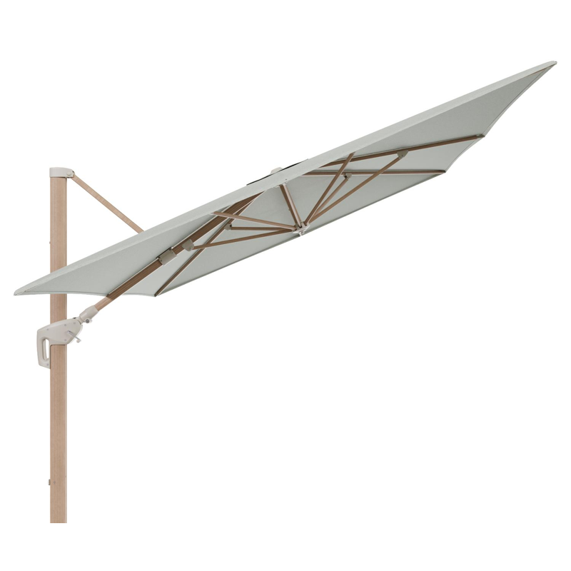 Minore zweefparasol met tiltfunctie in houtlook aluminium en Slow Spirea All Weather Sunbrella® Luxe parasoldoek - L1 400 x L2 300 cm (zonder voet)