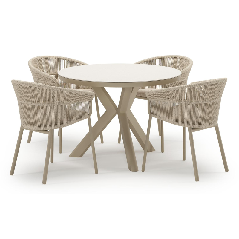 Ensemble de jardin Pamplona en aluminium beige et sintered stone crema minerale avec 4 chaises de jardin empilable Matera