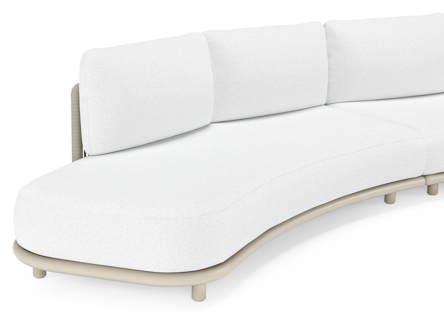 Lomano loungebank in beige aluminium en beige verticaal geweven luxe vlakke rope met Ego Birch all weather solica