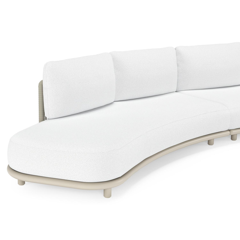 Lomano loungebank in beige aluminium en beige verticaal geweven luxe vlakke rope met Ego Birch all weather solica