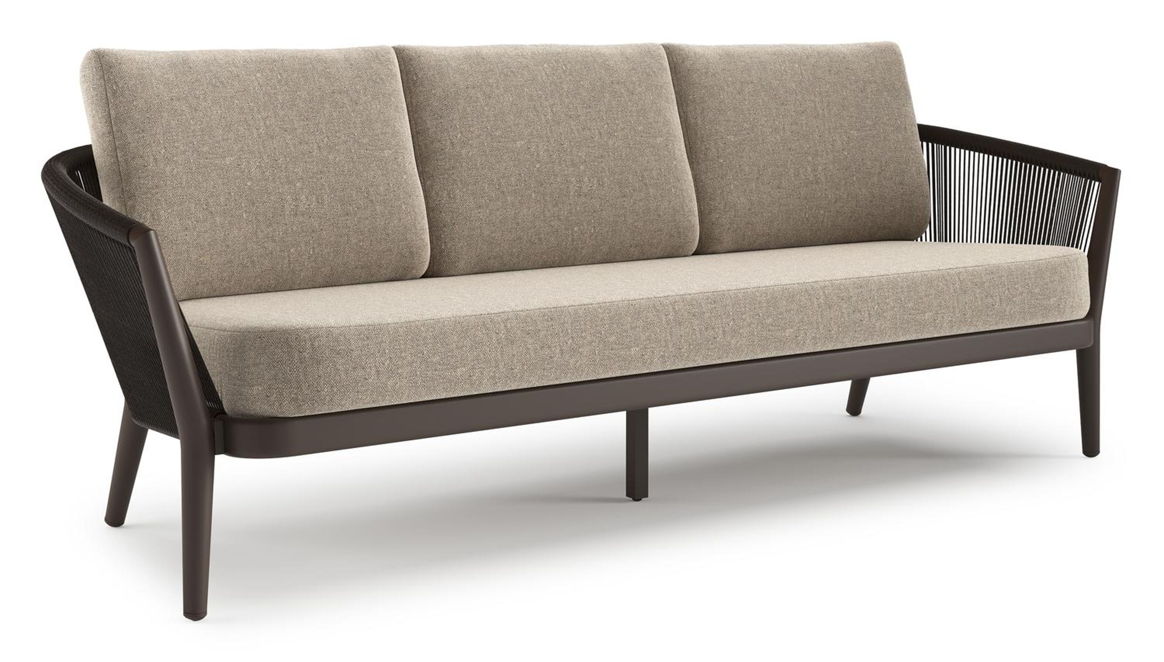 Orso loungebank in donkerbruin aluminium en donkerbruin verticaal geweven ronde rope met Chartres Pewter all weather sunbrella® luxe kussen