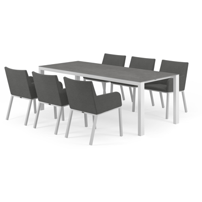 Ensemble de jardin Trente en aluminium blanc avec plateau de table en céramique pleine gris et 6 chaises de jardin Rivo