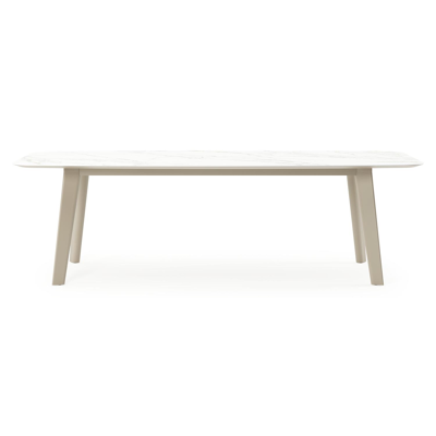Table de jardin Lacrima forme de bateau en aluminium beige et céramique pleine Calacatta - Lg. 255 x Lrg. 115 x Haut. 74 cm