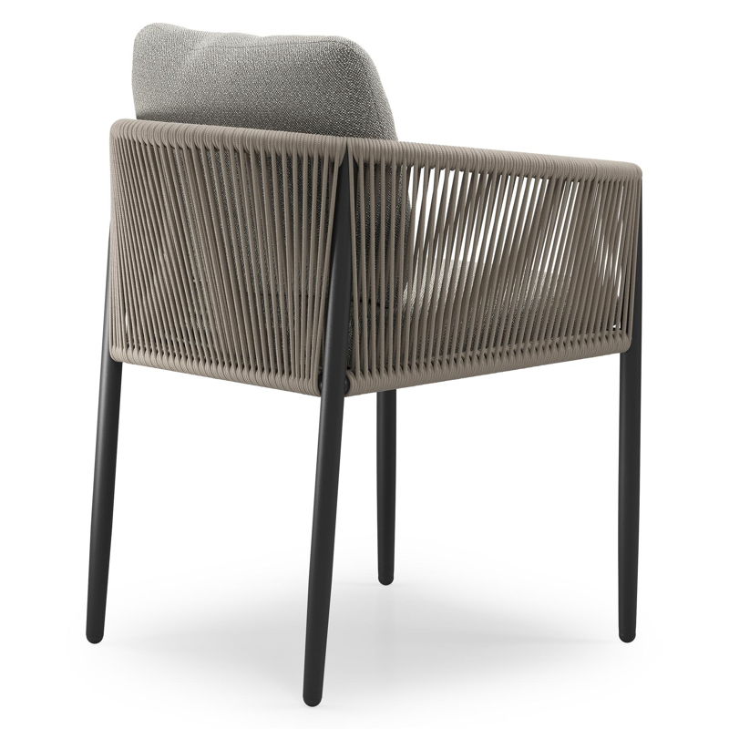 Organo tuinstoel in zwart aluminium en zwart verticaal geweven ronde rope met stoelkussen in All Weather Sunbrella® Luxe Savane Tunder