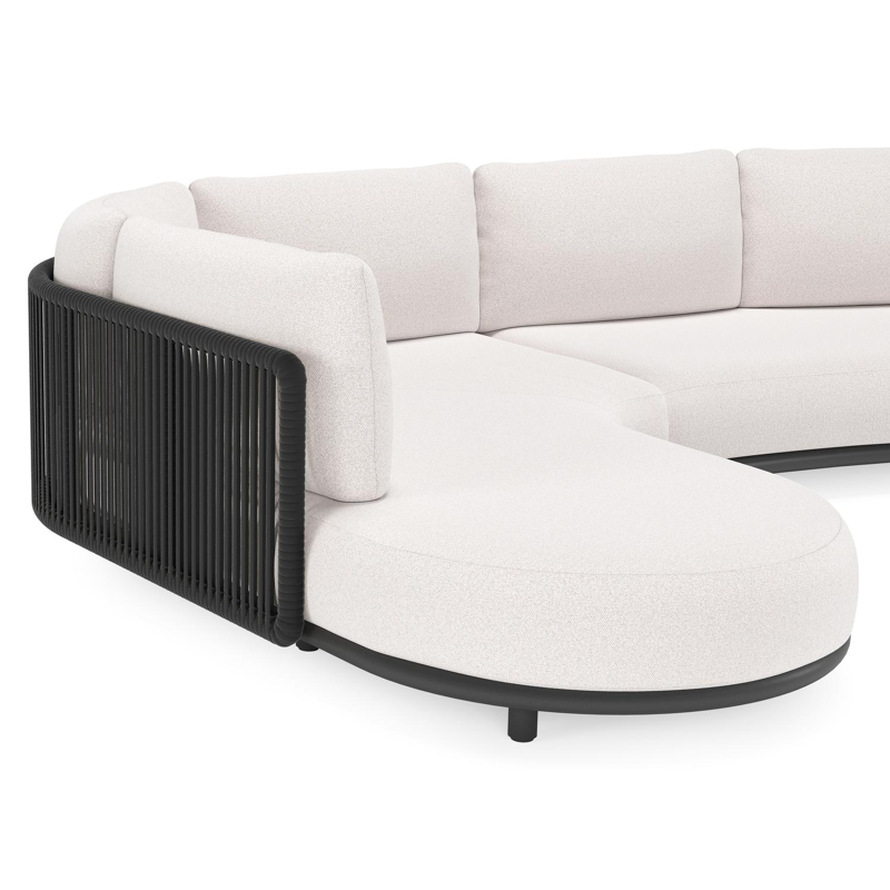 Lomano loungehoek in zwart aluminium en zwart verticaal geweven luxe vlakke rope met ego eggshell all weather solica kussen