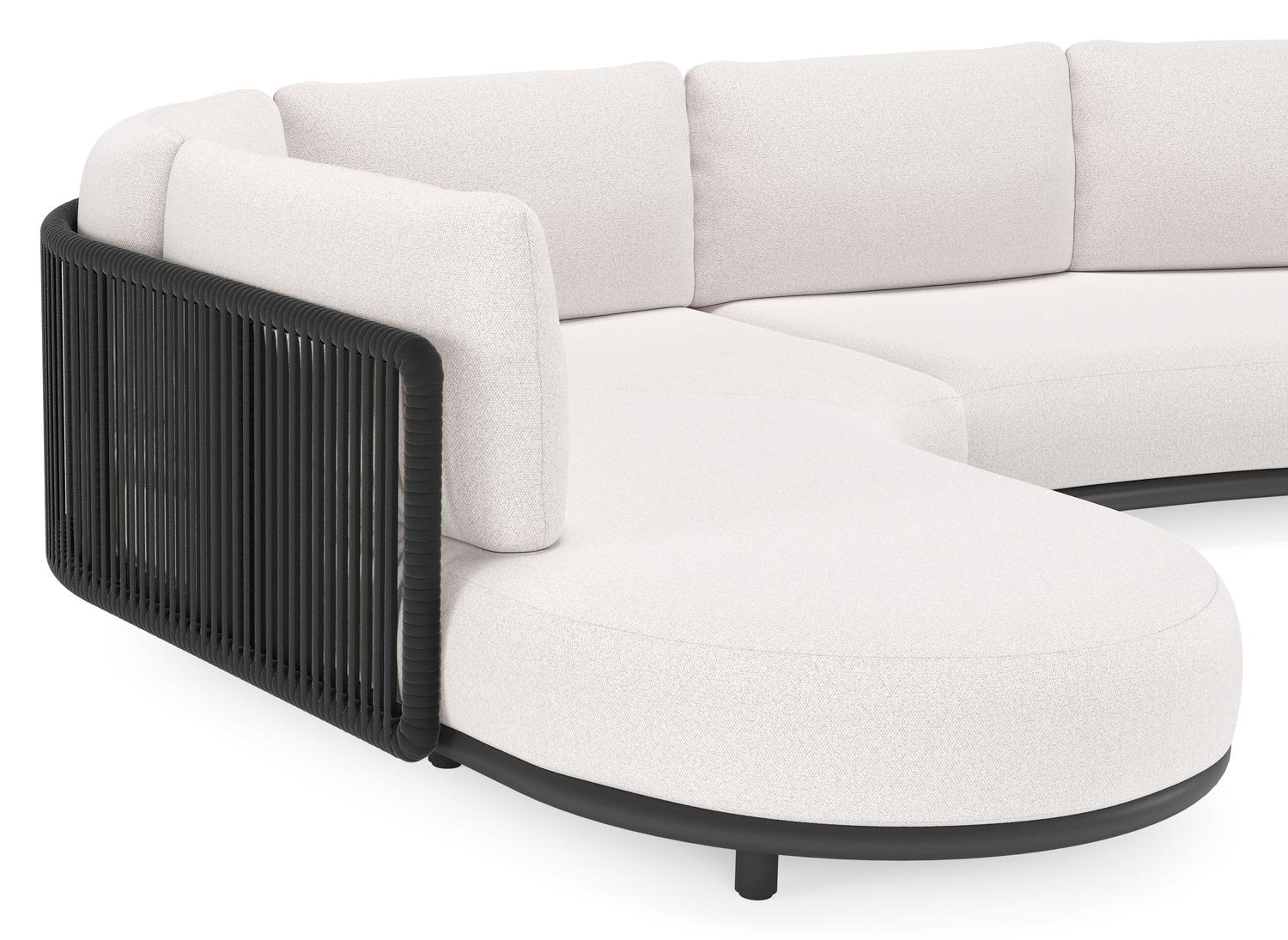 Lomano loungehoek in zwart aluminium en zwart verticaal geweven luxe vlakke rope met ego eggshell all weather solica kussen