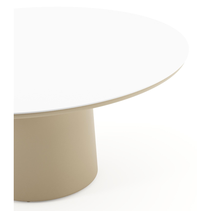 Amico low dining tuintafel rond in beige aluminium en volkeramiek Arctic White - Dia. 148 x H 61 cm