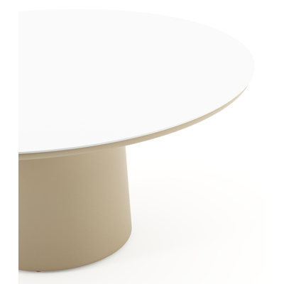 Amico low dining tuintafel rond in beige aluminium en volkeramiek Arctic White - Dia. 148 x H 61 cm