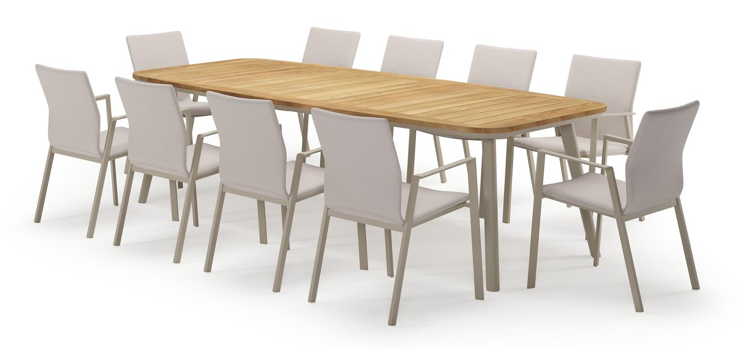 Mosa bootvormige tuinset in beige aluminium en teak natural finish met 10 Madura tuinstoelen