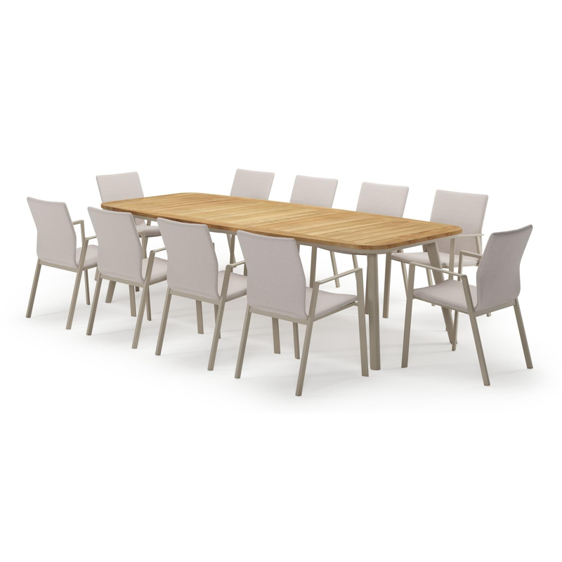 Mosa bootvormige tuinset in beige aluminium en teak natural finish met 10 Madura tuinstoelen