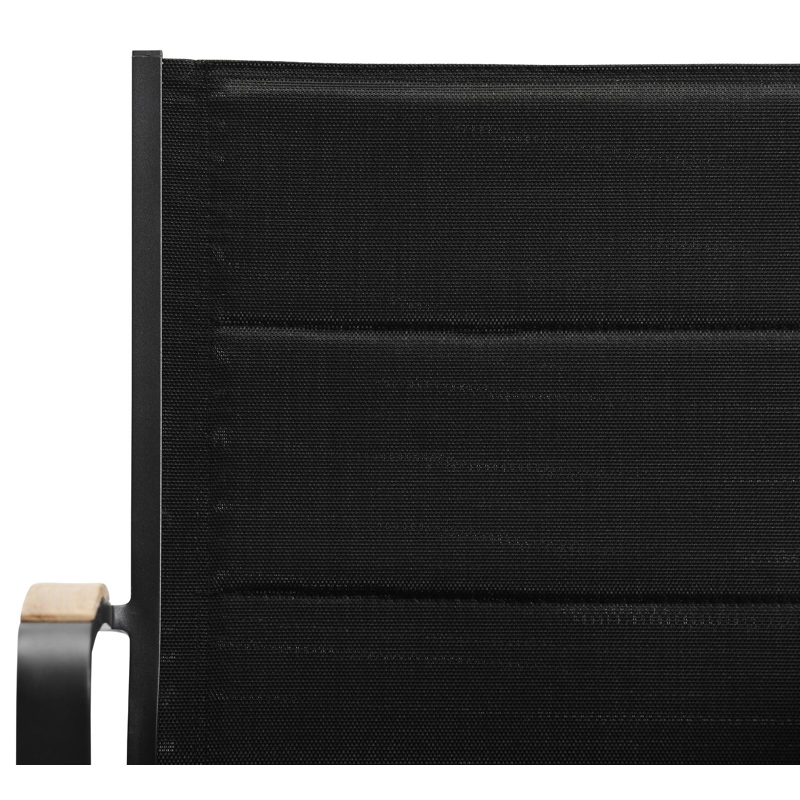 Lioni stapelbare tuinstoel in zwart aluminium en zwart comfort textilene en teak armleuning