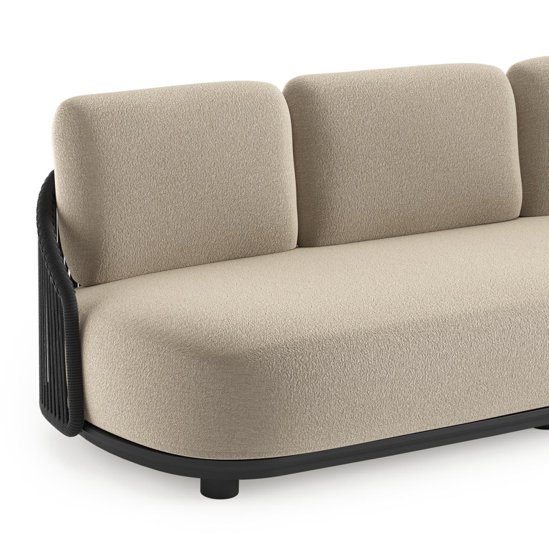 Canapé de jardin Vadelo en aluminium noir et corde ronde tissée verticalement noir et coussins en all weather cosytica marbella sand