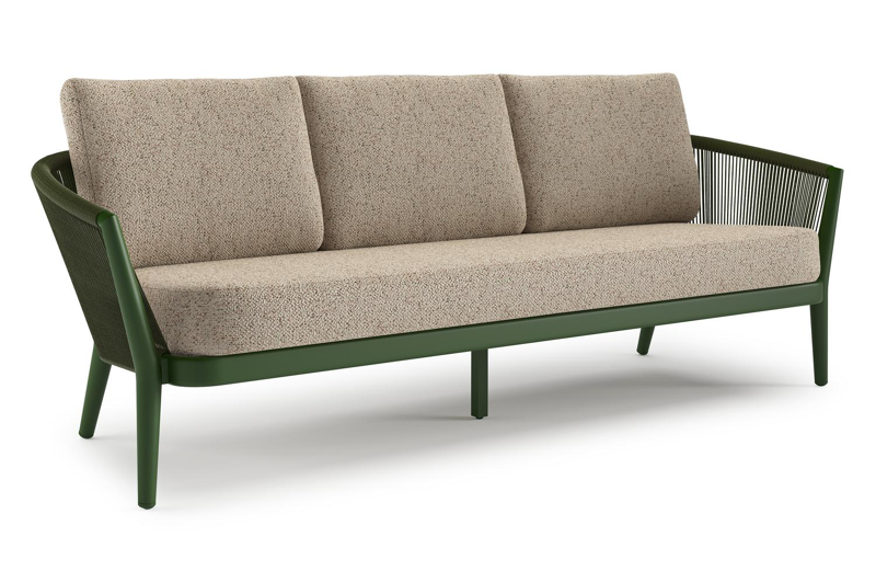Orso loungebank in groen aluminium en groen verticaal geweven ronde rope met Bora Jungle all weather cosytica kussen