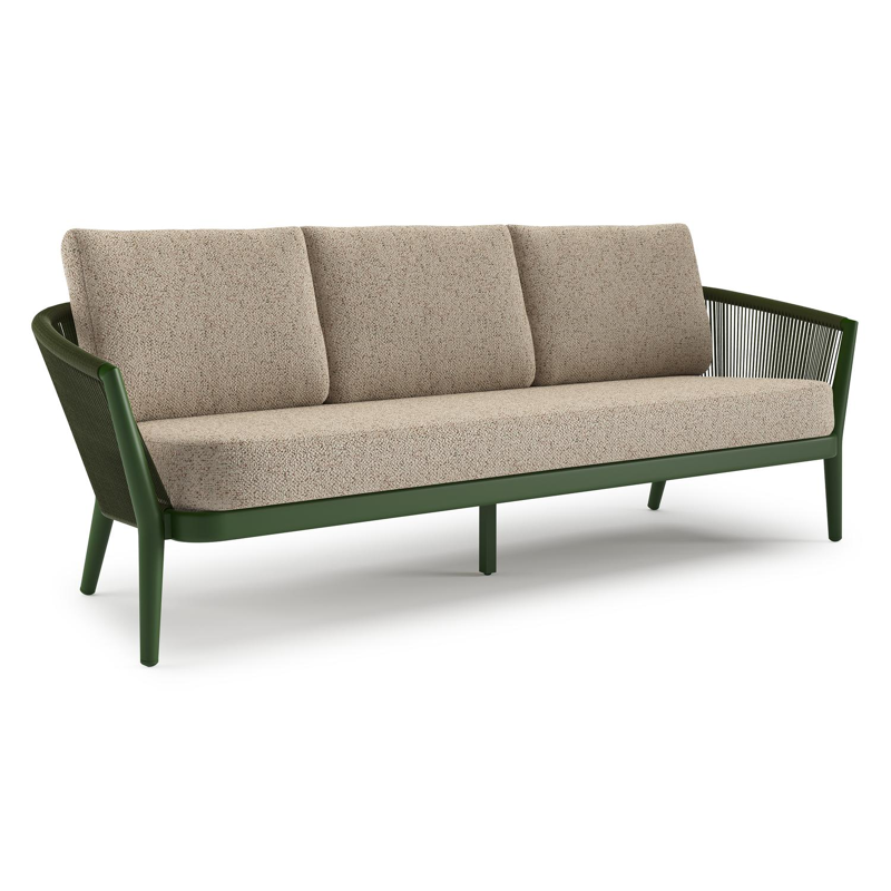 Orso loungebank in groen aluminium en groen verticaal geweven ronde rope met Bora Jungle all weather cosytica kussen
