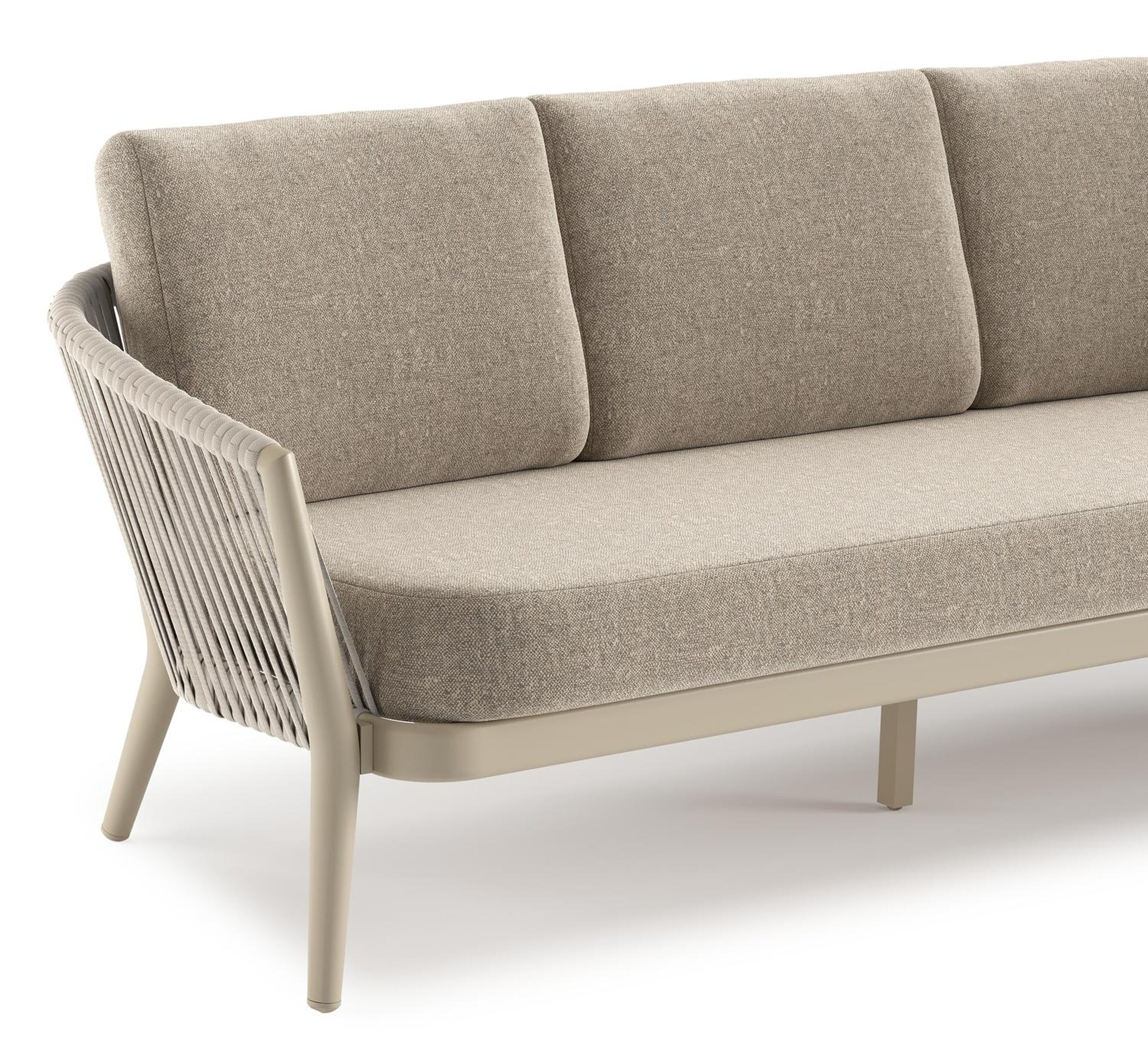 Orso loungeset in beige aluminium en beige verticaal geweven luxe vlakke rope met Chartres Pewter all weather sunbrella® luxe kussen