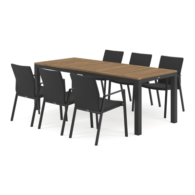 Varese tuinset in zwart aluminium en naturel teak tafelblad met 6 stapelbare Madura tuinstoelen