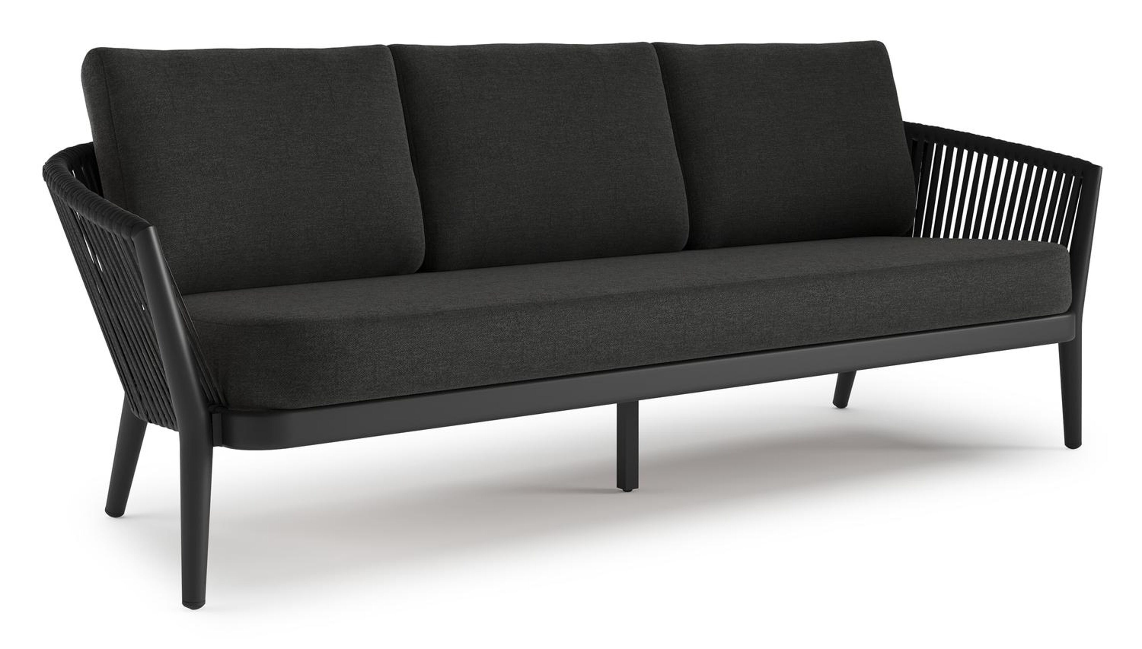 Canapé de jardin Orso en aluminium noir en corde luxe plate tissée verticalement noir et coussins en all weather sunbrella® luxe Chartres Sooty