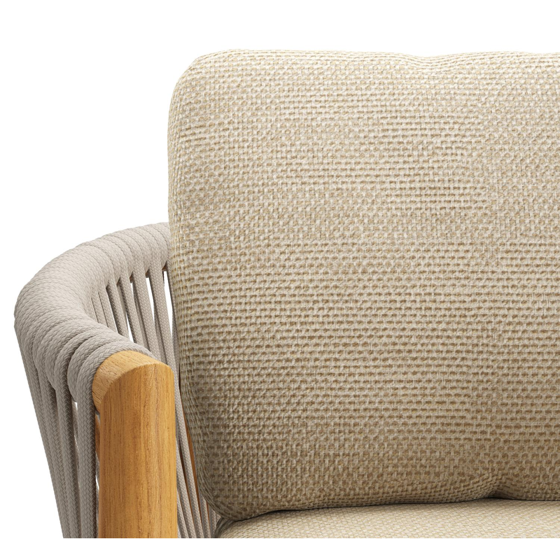 Organo tuinstoel in teak en beige verticaal geweven luxe vlakke rope met zitkussen in All Weather Cosytica Althea Camel