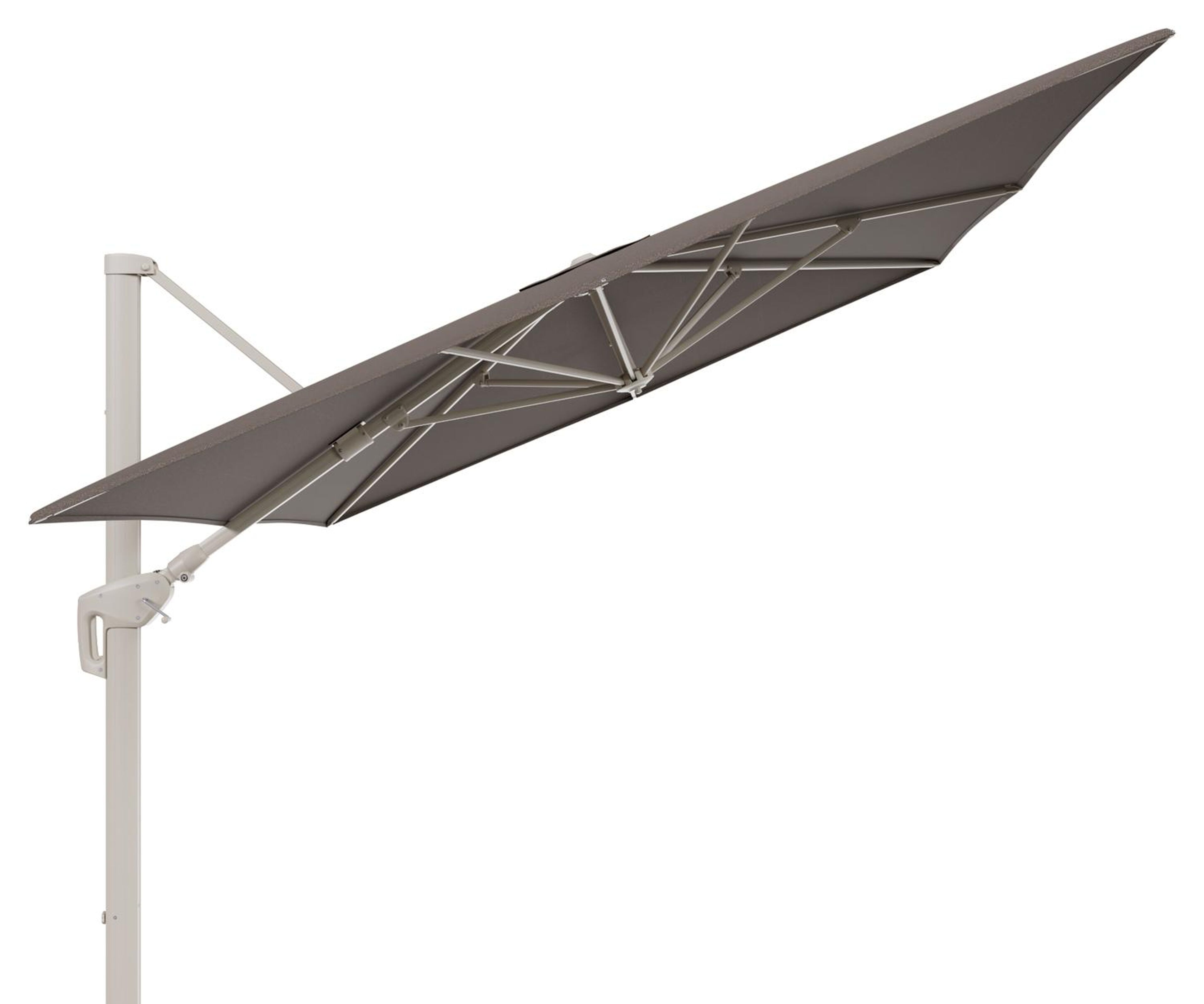 Minore zweefparasol met tiltfunctie in beige aluminium en Lopi Coconut All Weather Sunbrella® Luxe parasoldoek - L1: 400 x L2: 300 cm (zonder voet)