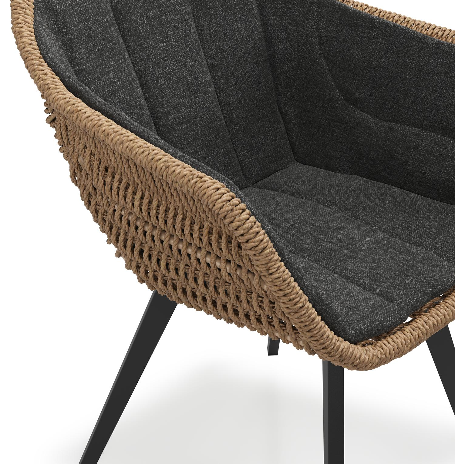 Chaise de jardin Pagino en aluminium noir et résine tressée ronde brun avec coussin en chartres sooty all weather sunbrella® luxe