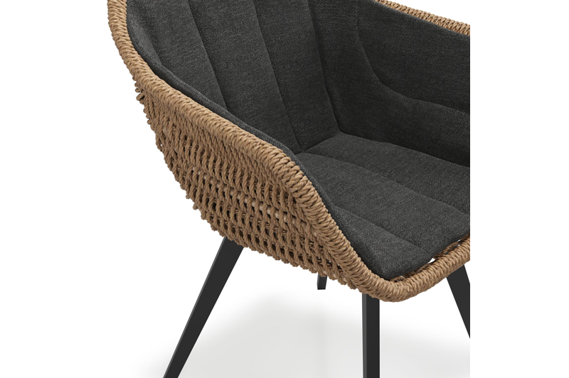 Pagino tuinstoel in zwart aluminium en bruin ronde wicker met kussen in chartres sooty all weather sunbrella® luxe