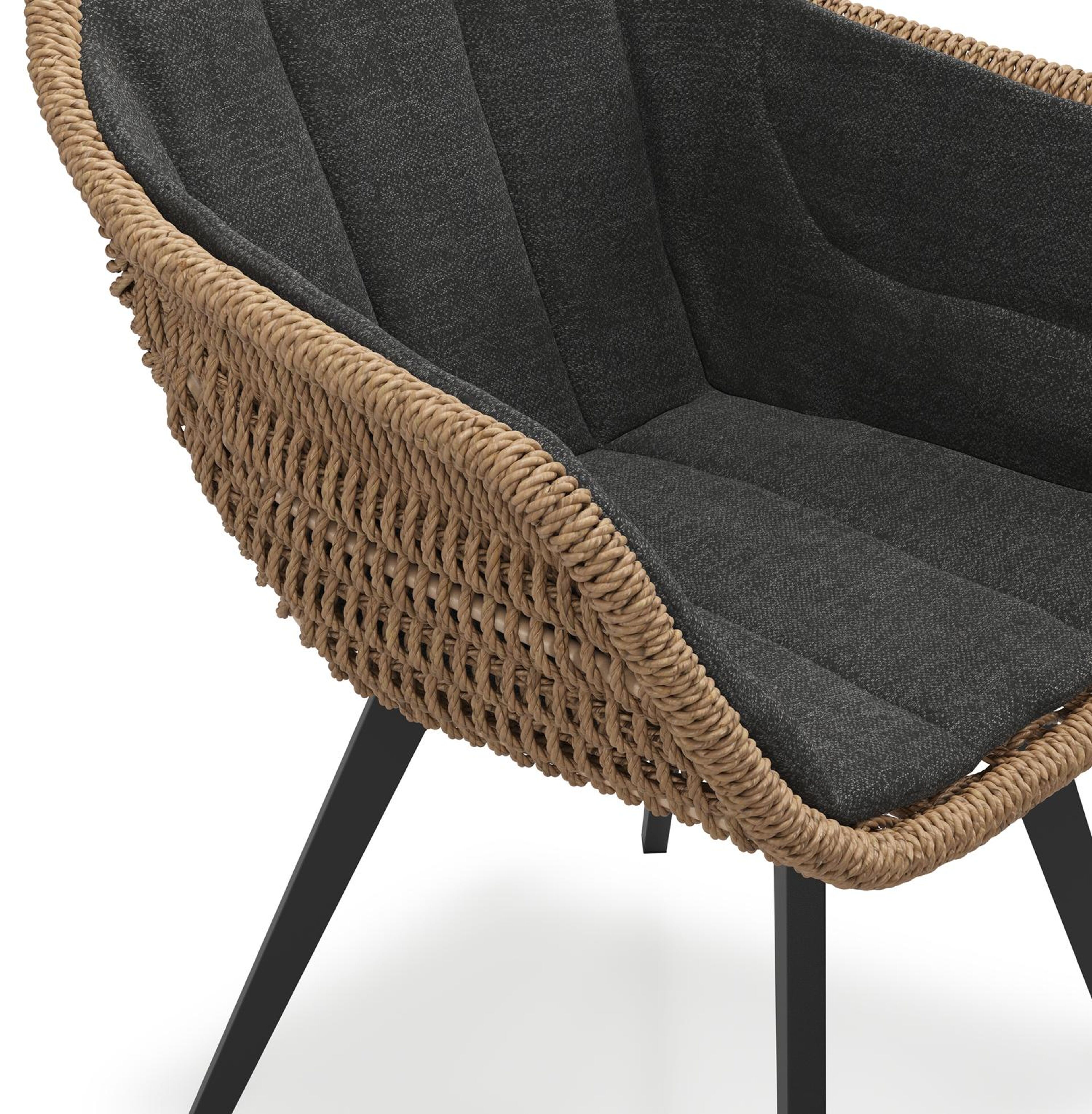 Pagino tuinstoel in zwart aluminium en bruin ronde wicker met kussen in chartres sooty all weather sunbrella® luxe