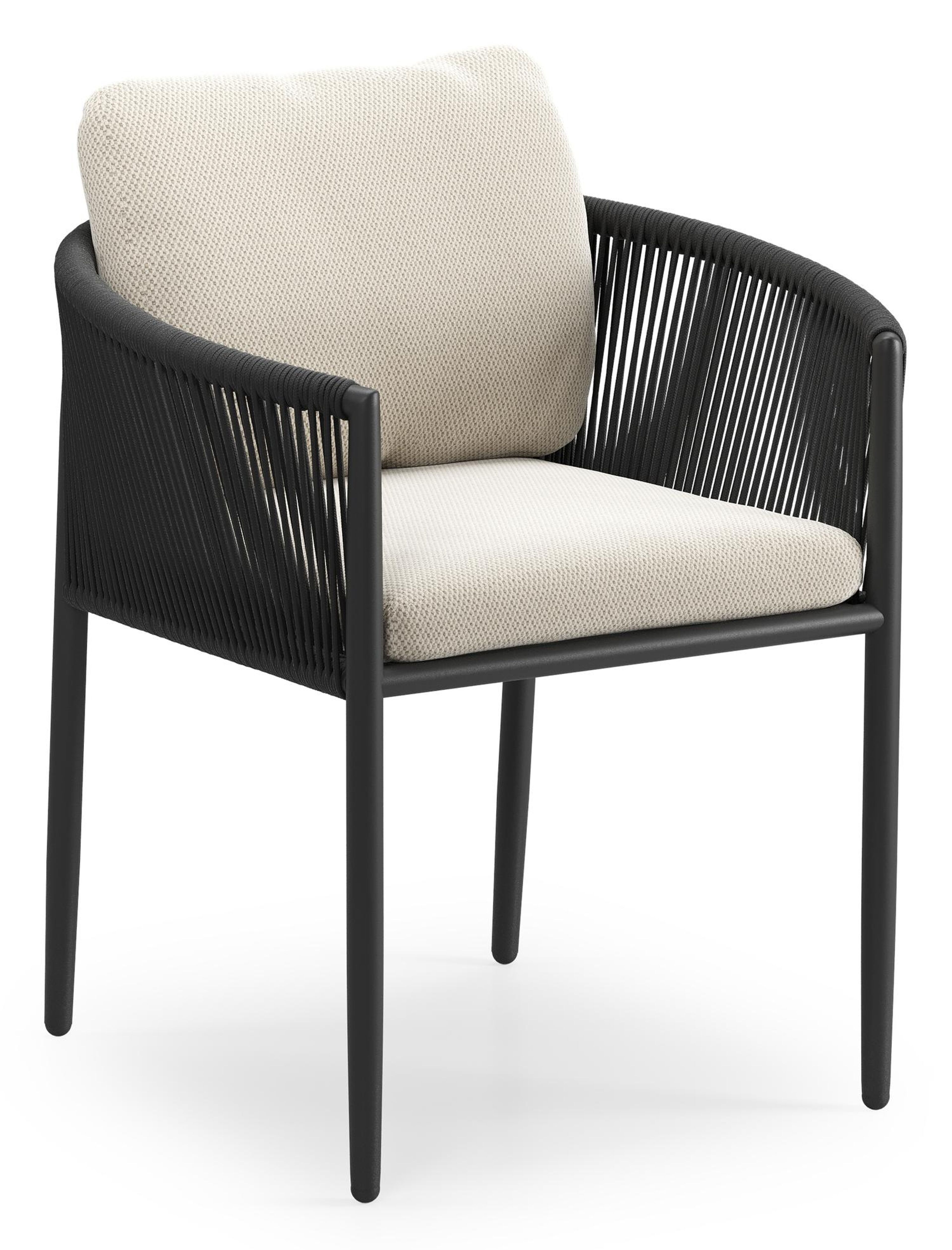 Organo tuinstoel in beige aluminium en beige verticaal geweven ronde rope met stoelkussen in All Weather Sunbrella® Luxe Lopi Marble