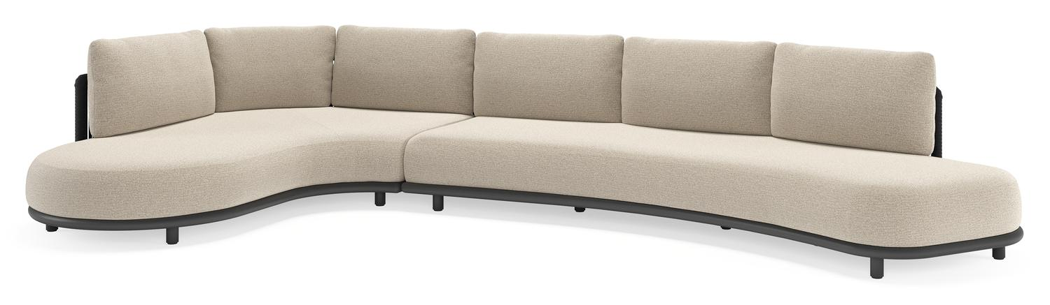 Lomano loungehoek in zwart aluminium en zwart verticaal geweven luxe vlakke rope met catania sand all weather cosytica kussen