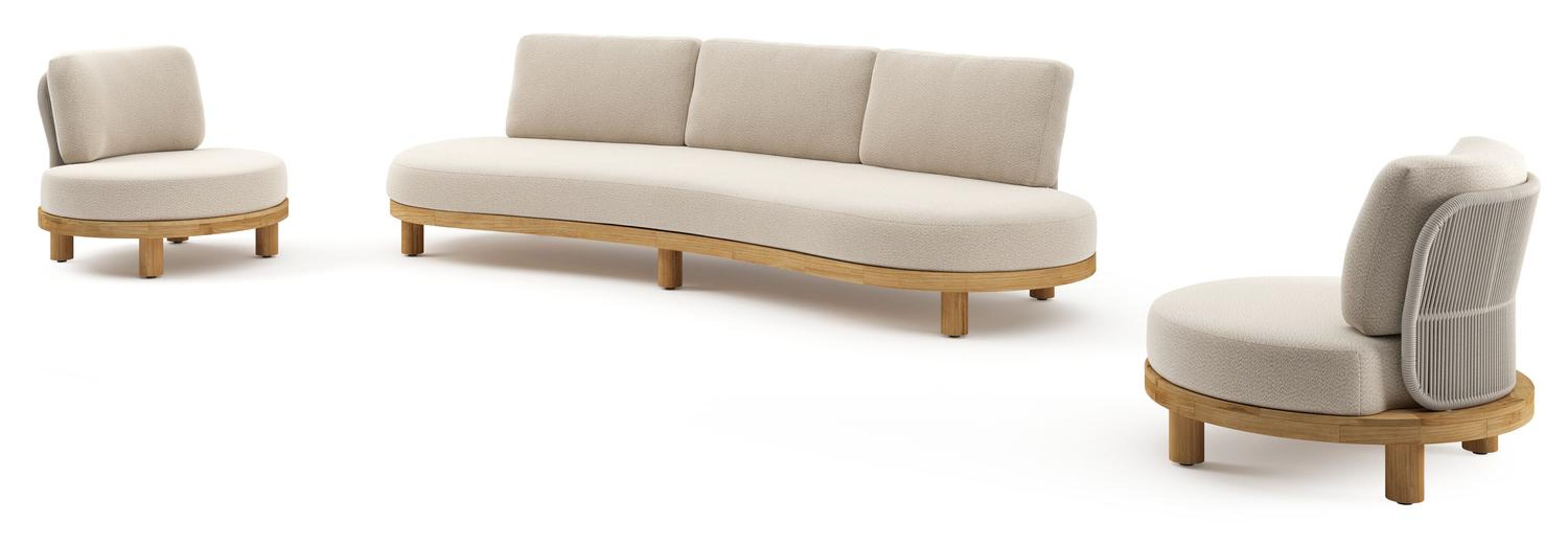 Donato loungeset in teak en beige verticaal geweven ronde rope met all weather sunbrella® luxe Lopi Sand kussen