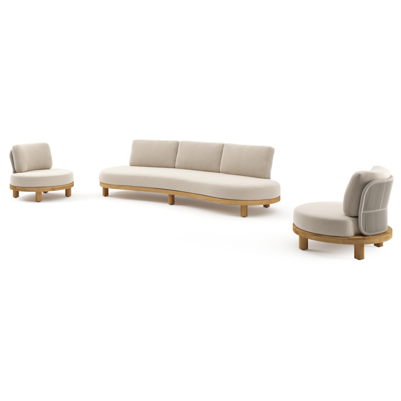 Donato loungeset in teak en beige verticaal geweven ronde rope met all weather sunbrella® luxe Lopi Sand kussen