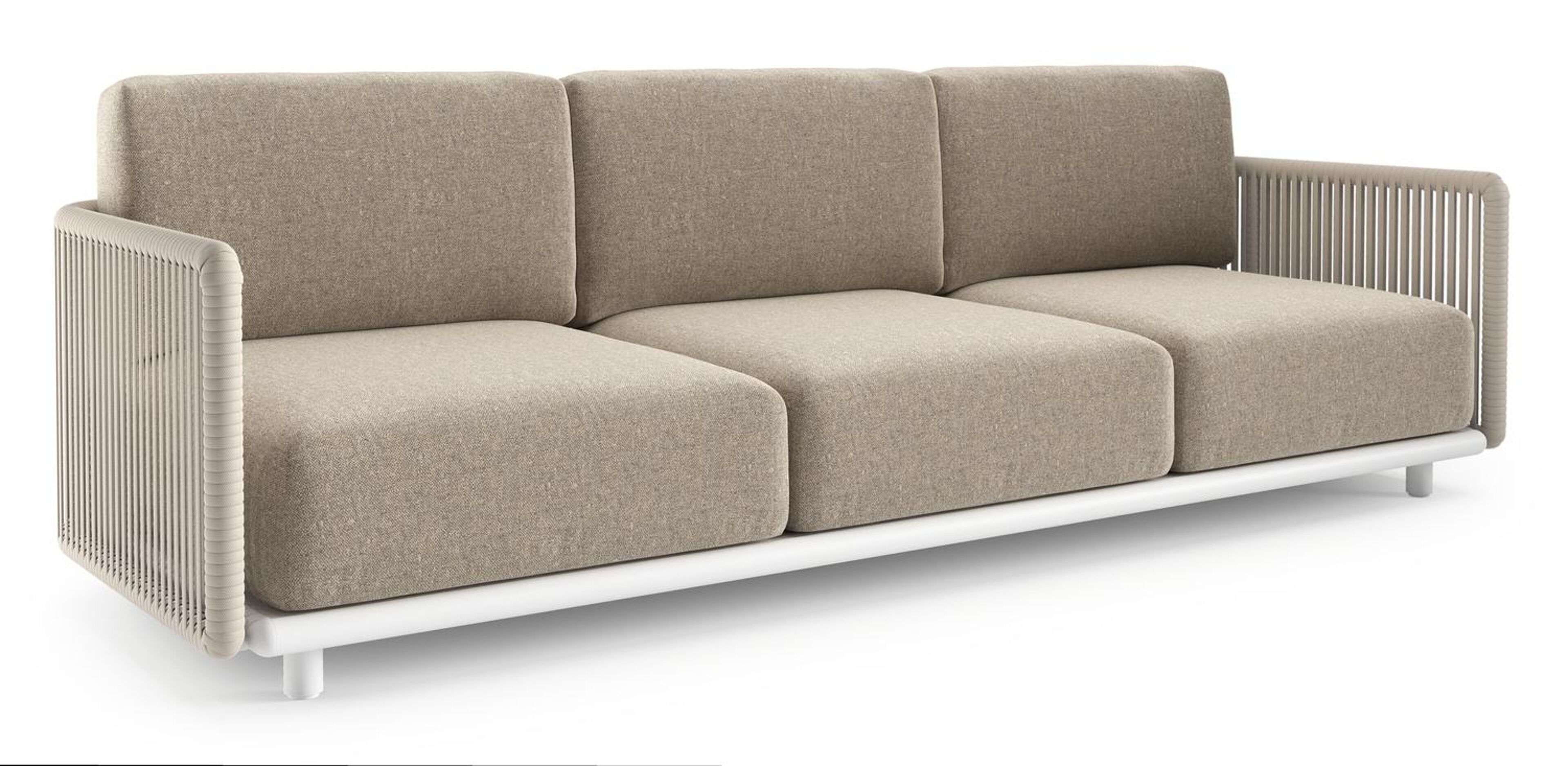 Organo loungebank 3-zit in wit aluminium en beige verticaal geweven luxe vlakke rope met chartres pewter all weather sunbrella® luxe kussen