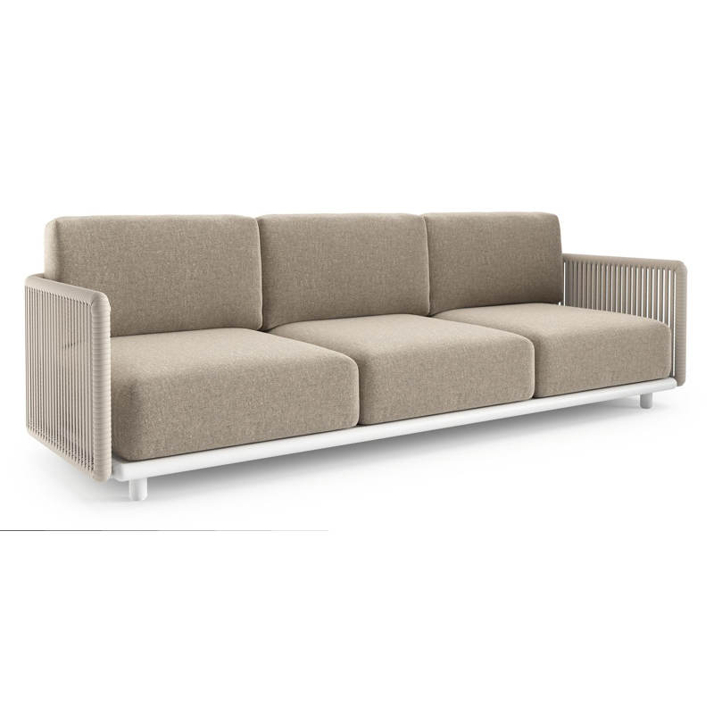 Organo loungebank 3-zit in wit aluminium en beige verticaal geweven luxe vlakke rope met chartres pewter all weather sunbrella® luxe kussen