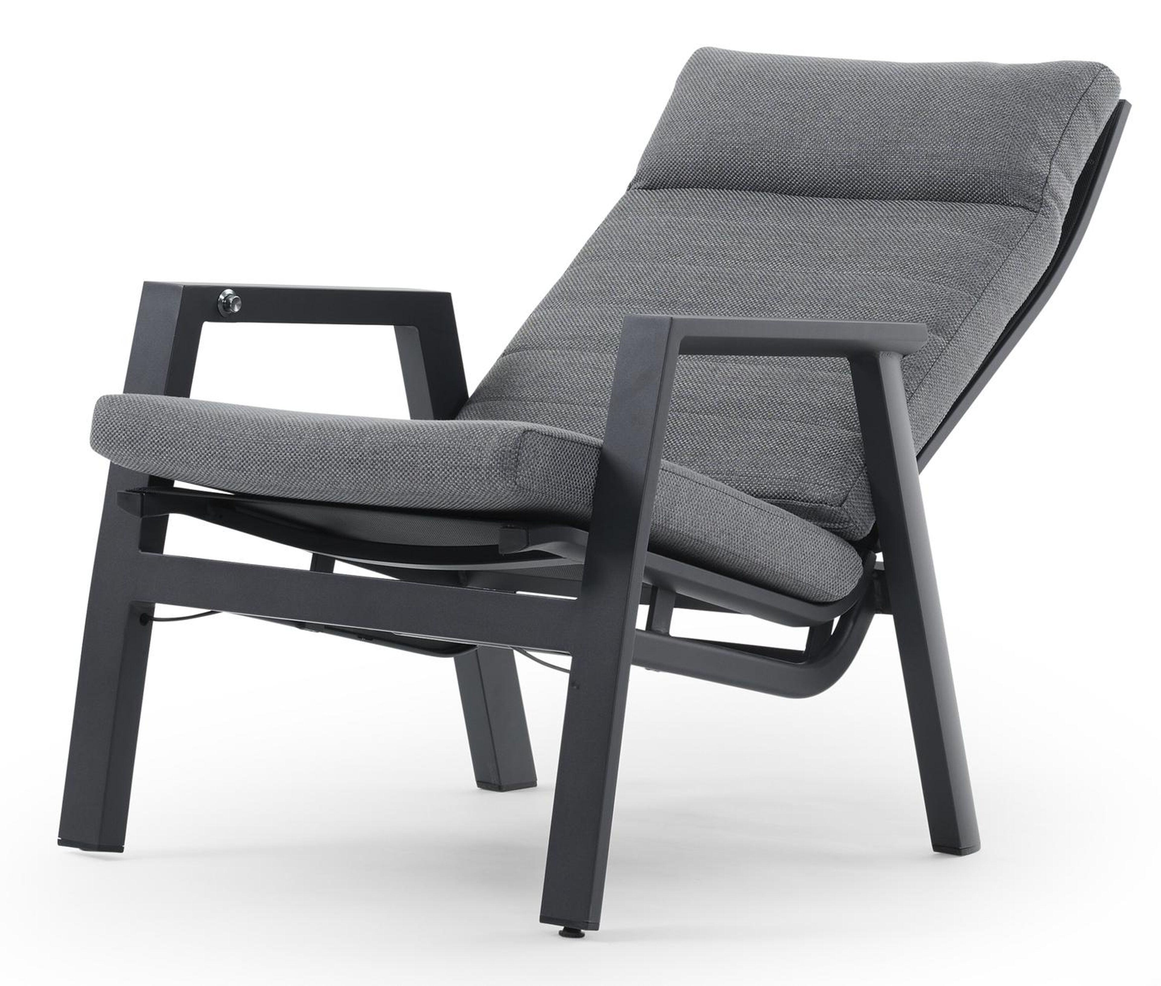 Fauteuil de jardin Prato 1-pl en aluminium noir avec coussin en weather+ textilène gris